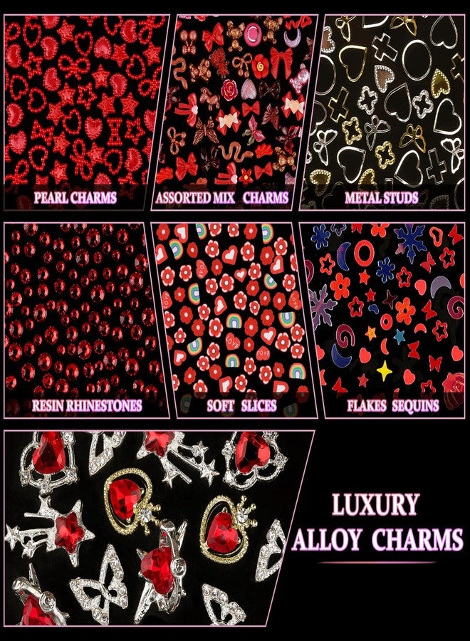 editTime 650pcs Mixed 3D Nail Charms Kit, 12pcs Luxury Metal Nail Rhinestones and 250pcs Resin Butterfly Flower Star Heart Bow Charms with 400pcs Flatback Pearls Rhinestone Metal Gems Charms (Red) - Image 4